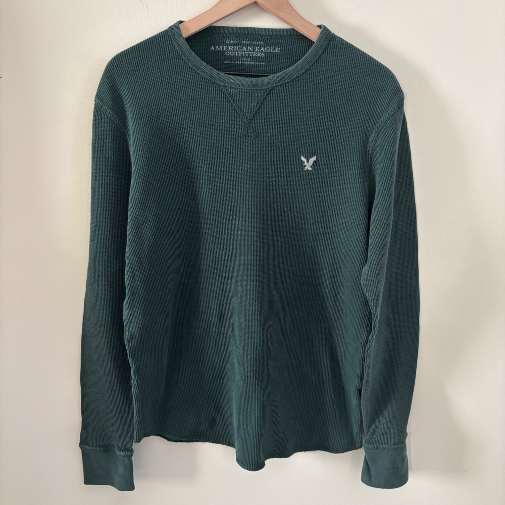 American Eagle Mens Large Green Waffle Knit Thermal Long Sleeve Slim Fit Shirt